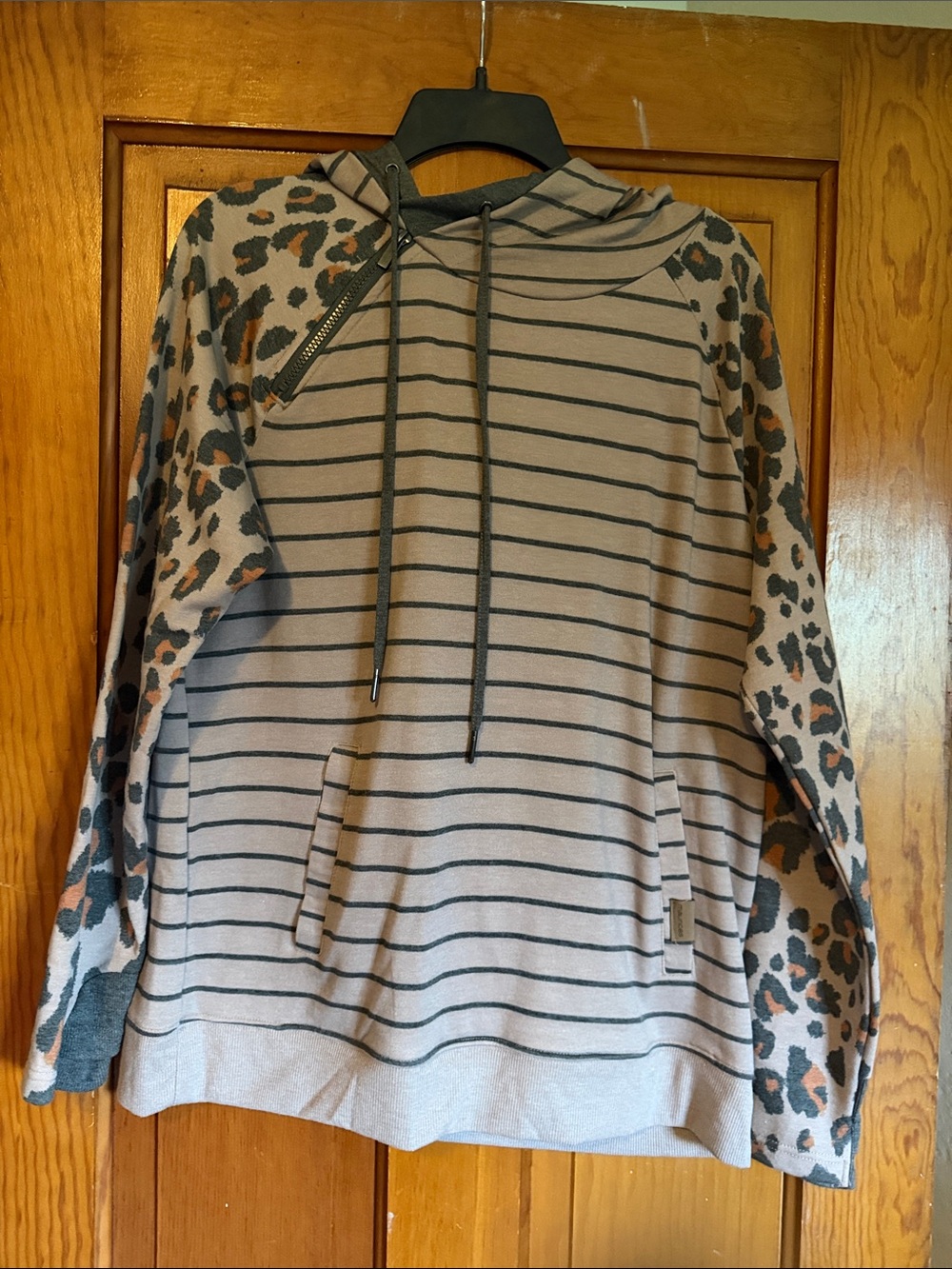 Maurices Taupe Striped Hoodie with Leopard-Print Sleeves
